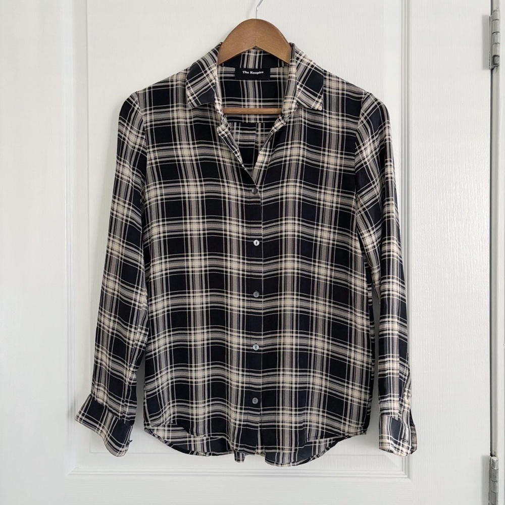The Kooples Black Plaid Button Front Silk Shirt XXS Grunge Glam